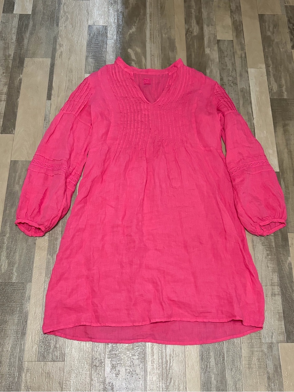 120 Lino Womens XL Pintuck Blouson Sleeve Linen Poet Dress Pink Boho Lightweight